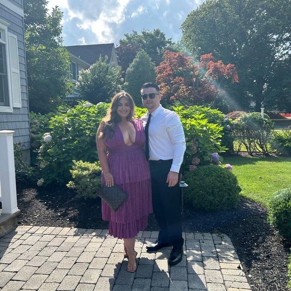 Sabina Musayev Judith Metallic Plunge Neck Pleated Layered Gown Purple Size XL - Picture 1 of 16